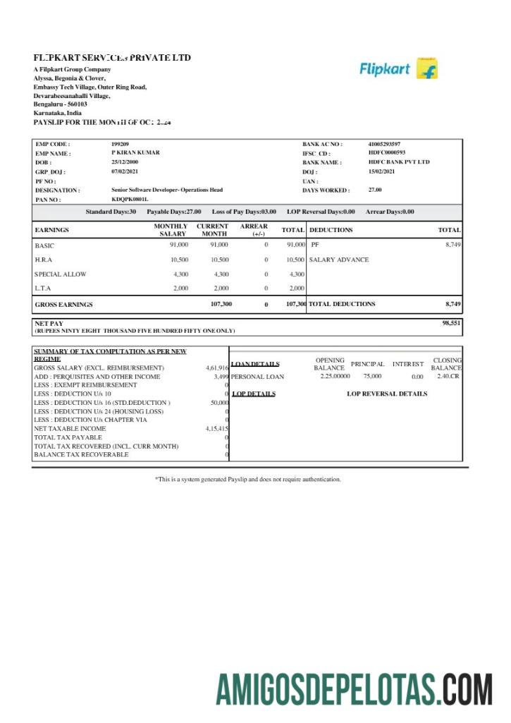 Em branco Modelo de recibo de pagamento de serviços Flipkart em formatos Word e PDF.pdf, 1